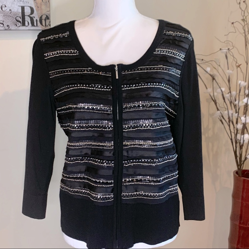 WHBM Black beaded Sweater 3/4 Sleeves - EUC